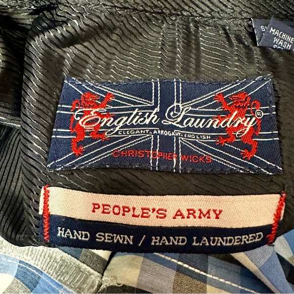 English Army People’s Army Blue Check Button Down Mens Shirt Sz L Hand Stitched - Picture 13 of 13